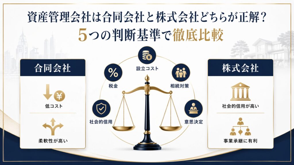 資産管理会社における合同会社と株式会社の比較を示すインフォグラフィック