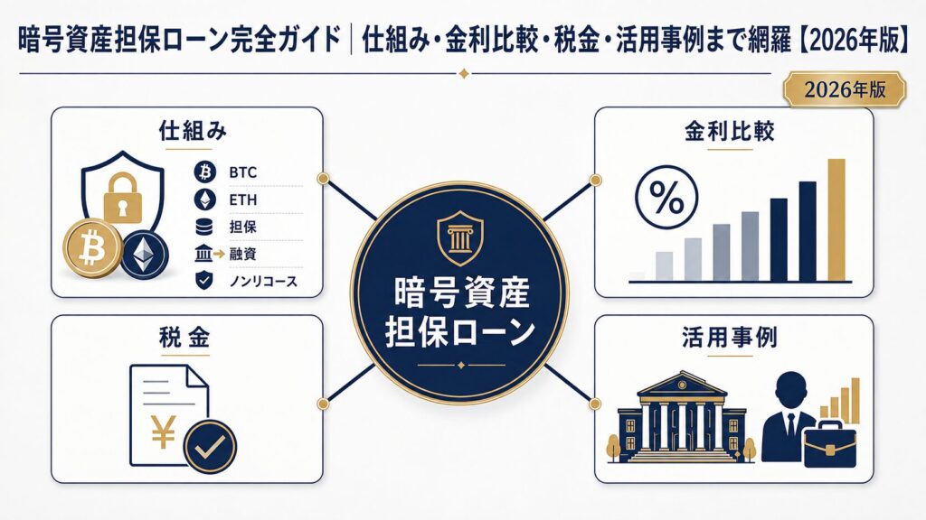 暗号資産担保ローンの仕組み・金利比較・税金・活用事例の全体像を示すインフォグラフィック