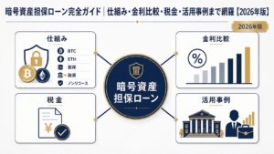 暗号資産担保ローンの仕組み・金利比較・税金・活用事例の全体像を示すインフォグラフィック