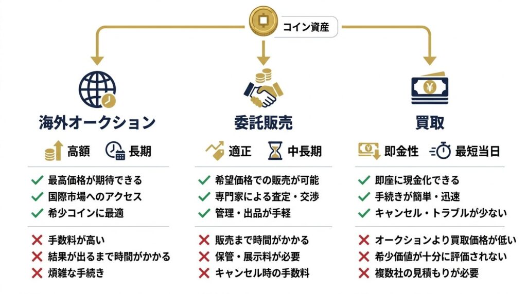 アンティークコインの売却ルート別比較図（オークション・業者・直接取引）