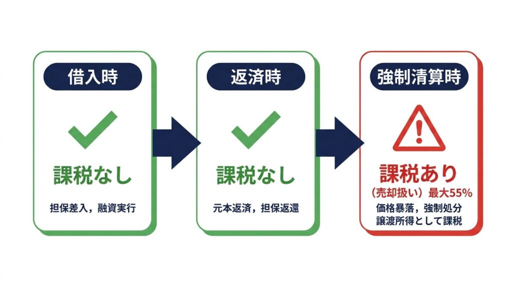 暗号資産担保ローンの課税タイミングを示す図解
