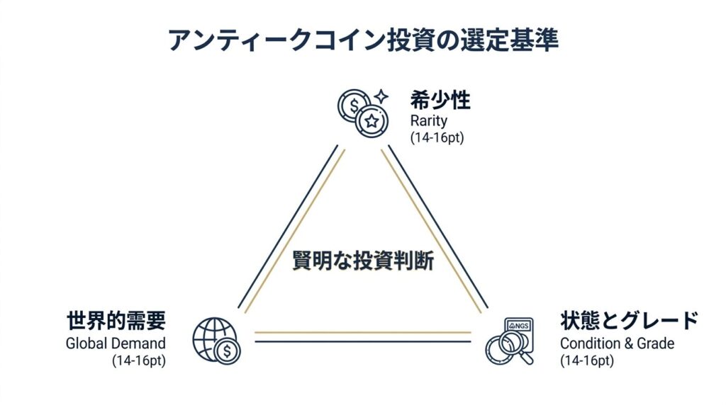 アンティークコイン投資の銘柄選び3基準（希少性・世界的需要・鑑定グレード）の図解