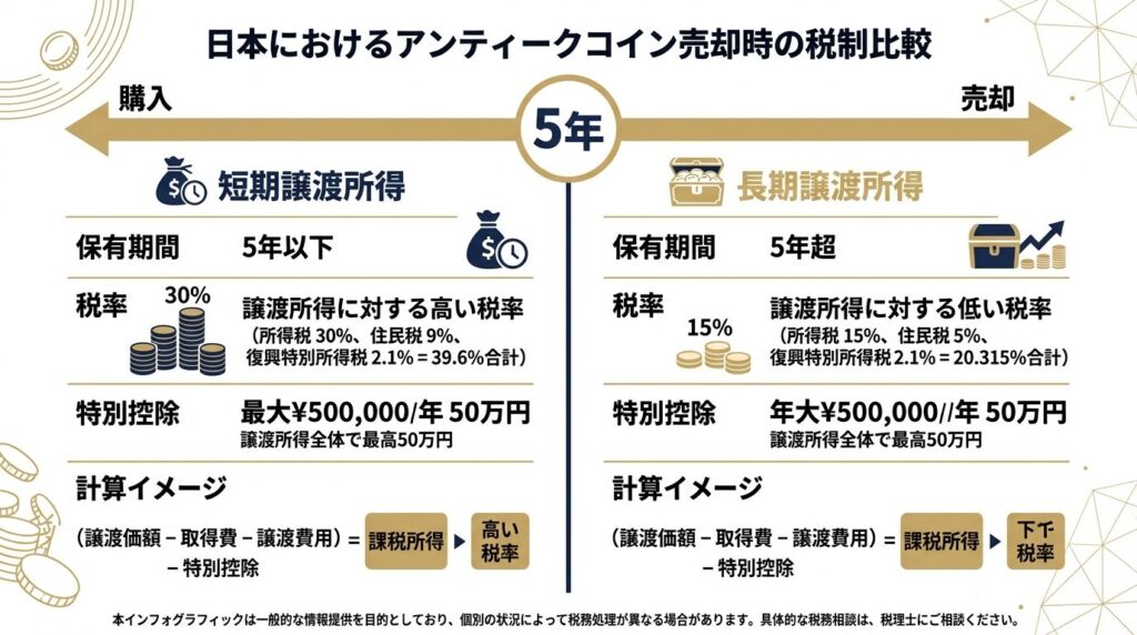 アンティークコイン売却時の短期・長期譲渡所得の税金比較図解
