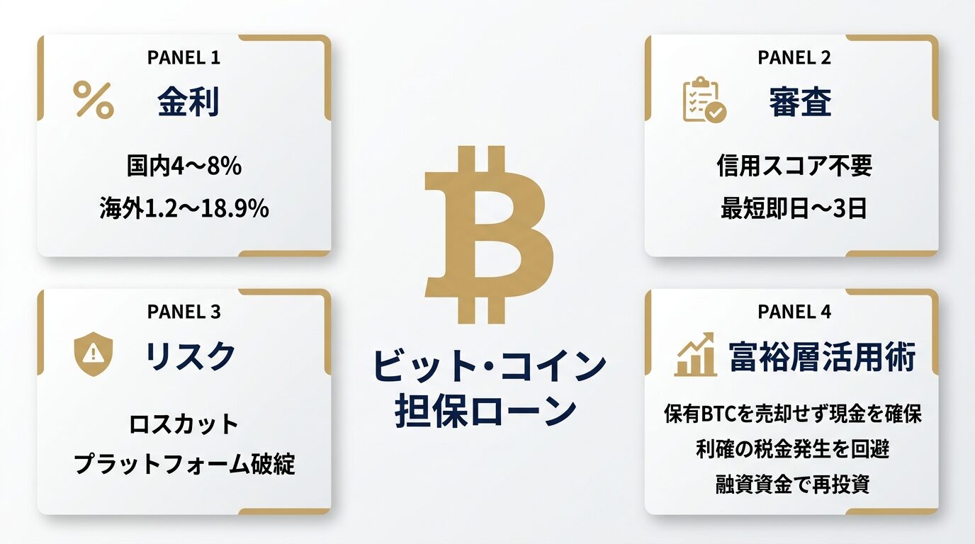 ビットコイン担保ローンの金利・審査・リスクと富裕層活用術を示す図解