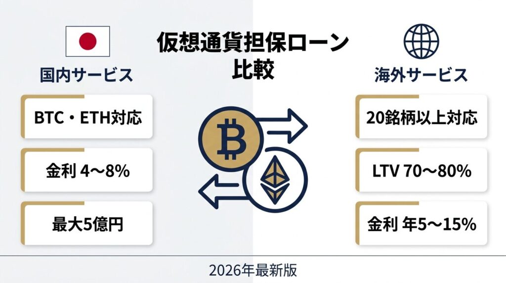 仮想通貨担保ローンの国内外比較を示す図解
