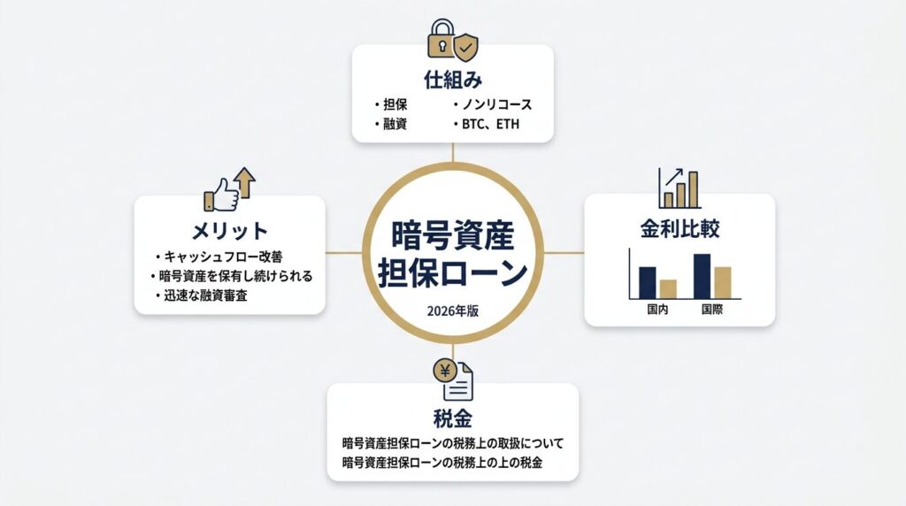 暗号資産担保ローンの仕組み・金利比較・税金・活用事例の全体像を示すインフォグラフィック