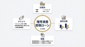 暗号資産担保ローンの仕組み・金利比較・税金・活用事例の全体像を示すインフォグラフィック