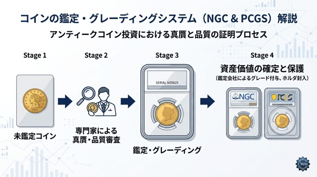 NGC・PCGSの鑑定スラブとグレーディングシステムの説明図