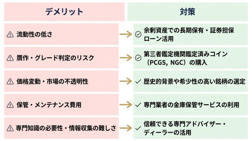 アンティークコイン投資のデメリット5選と対策を示すインフォグラフィック