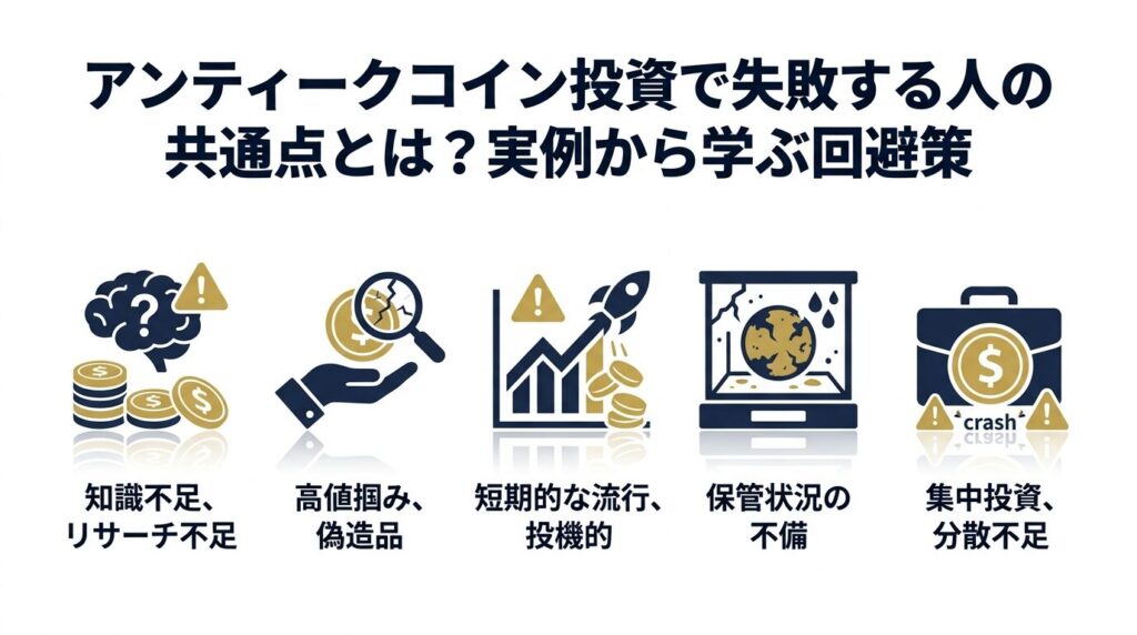 アンティークコイン投資の失敗パターンと回避策を示すインフォグラフィック