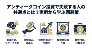 アンティークコイン投資の失敗パターンと回避策を示すインフォグラフィック