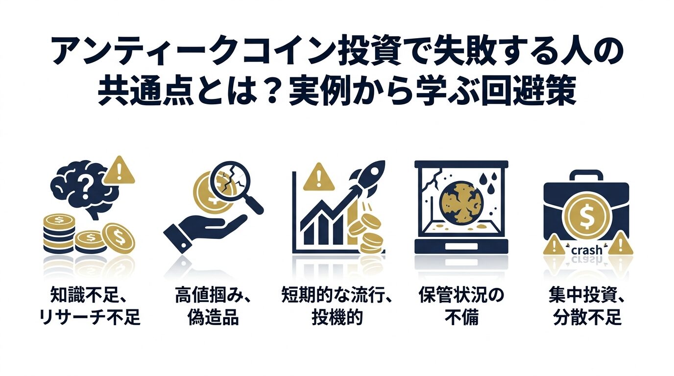 アンティークコイン投資の失敗パターンと回避策を示すインフォグラフィック