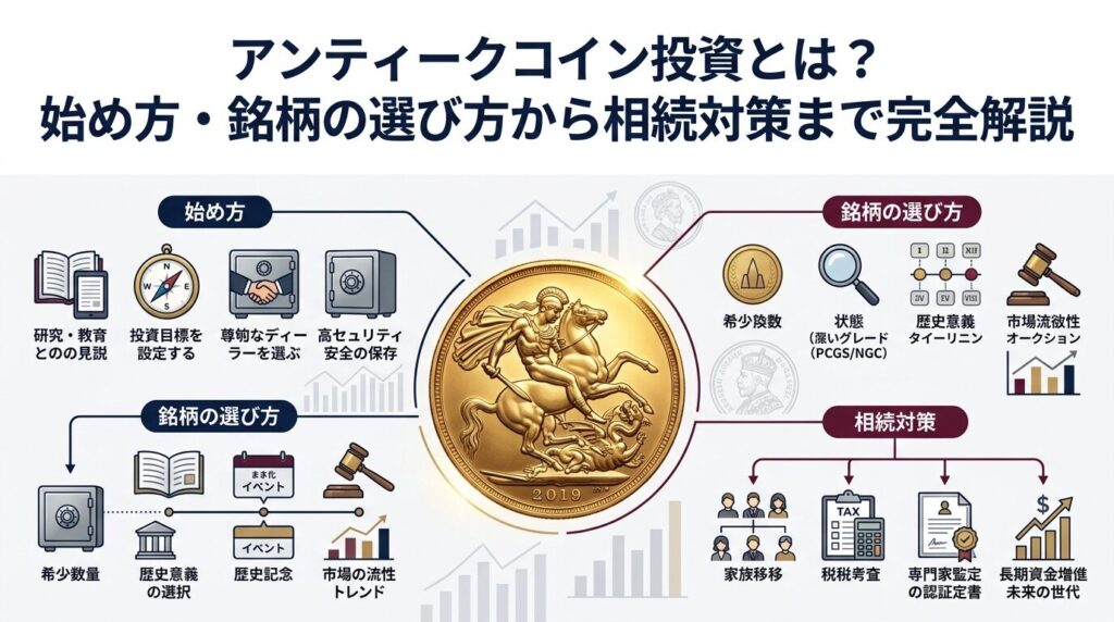 アンティークコイン投資の始め方・銘柄選び・相続対策を示すインフォグラフィック