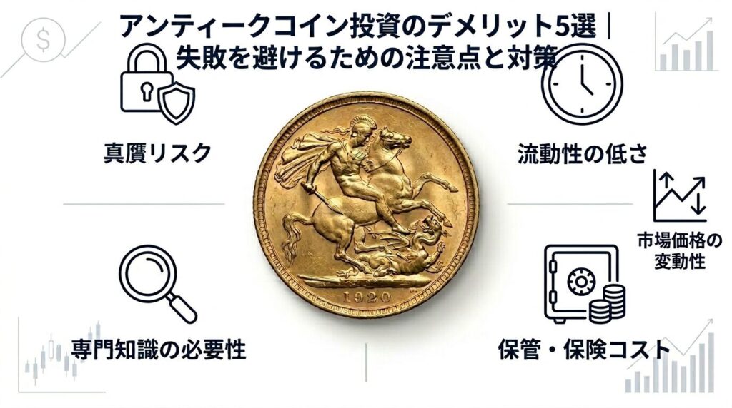 アンティークコイン投資のデメリットと対策を示したインフォグラフィック