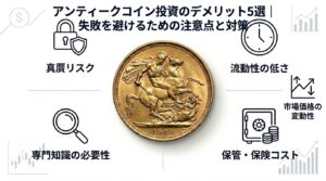 アンティークコイン投資のデメリットと対策を示したインフォグラフィック