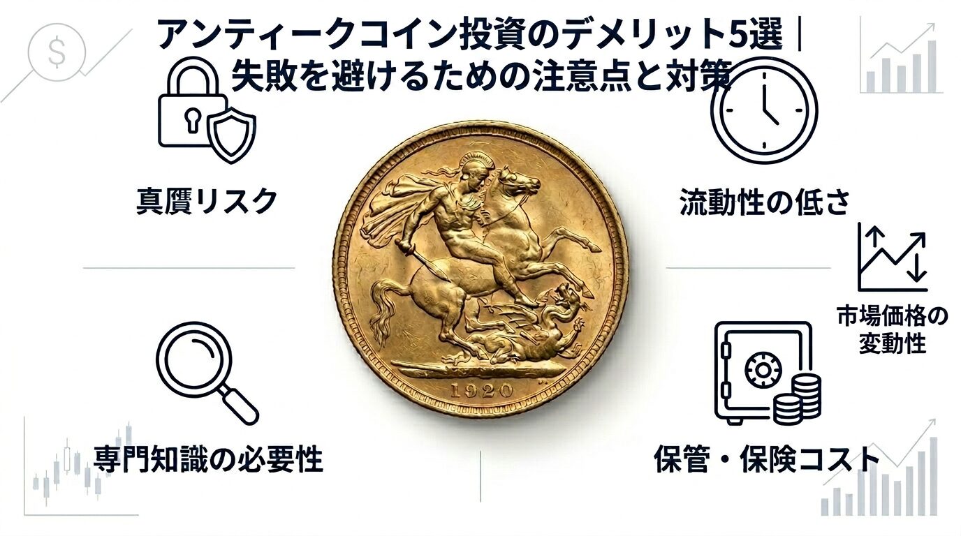 アンティークコイン投資のデメリットと対策を示したインフォグラフィック