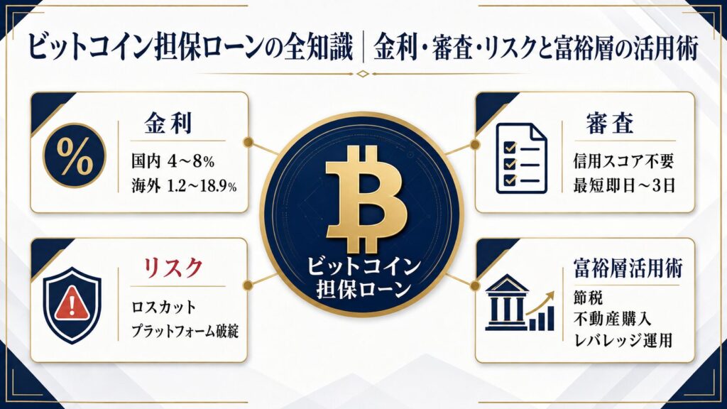 ビットコイン担保ローンの金利・審査・リスクと富裕層活用術を示す図解