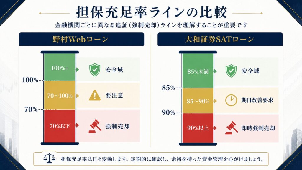 野村Webローンと大和証券SATローンの担保充足率ライン比較図