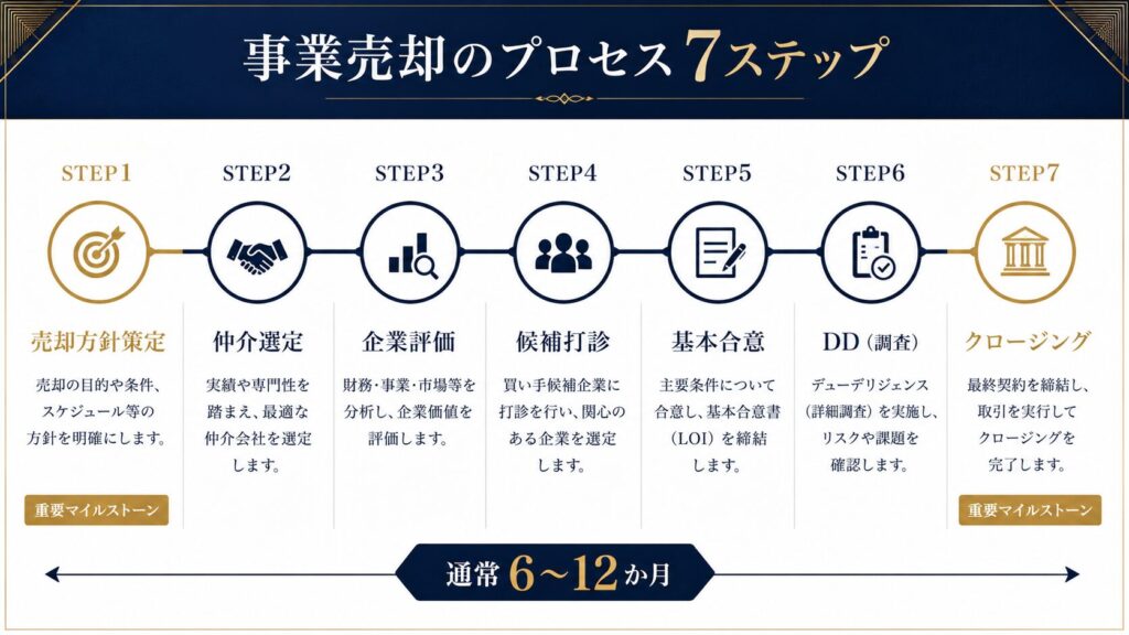 事業売却プロセスの7ステップを示すタイムライン図