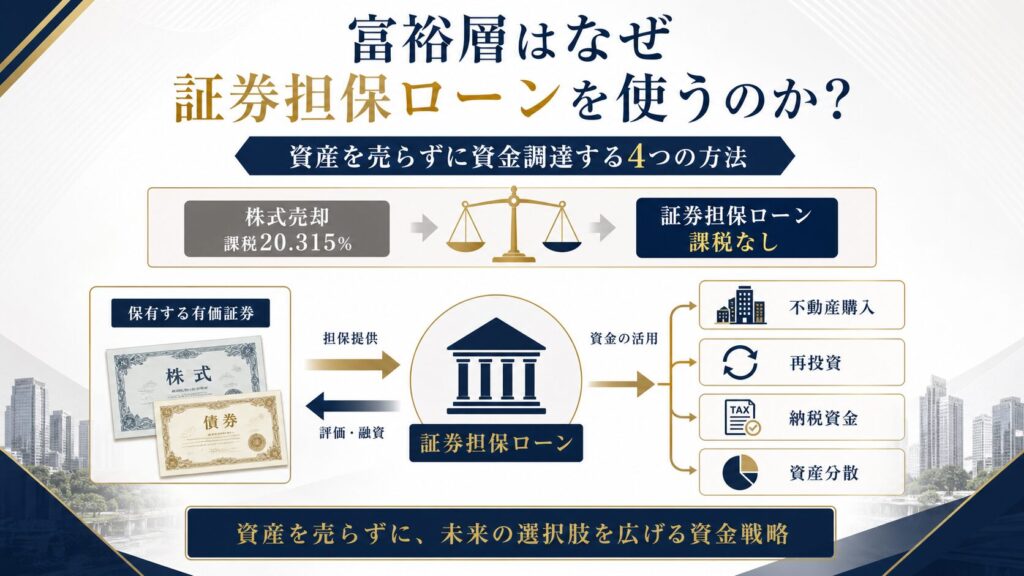 証券担保ローンの仕組みと富裕層の活用パターンを示すインフォグラフィック