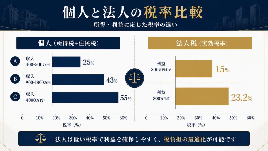 個人所得税率と法人税率の比較グラフ