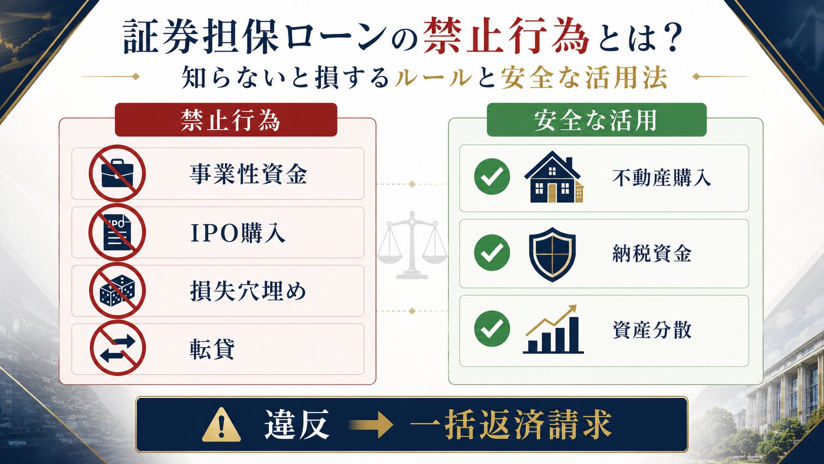 証券担保ローンの禁止行為と安全な活用ルールを示すインフォグラフィック