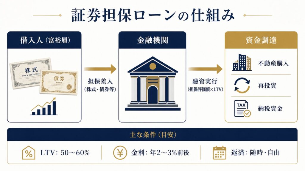 証券担保ローンの資金調達フローを示す図解