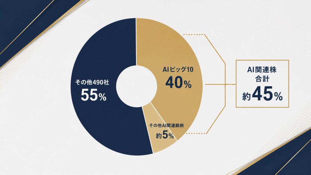 S&P500に占めるAIビッグ10とその他AI関連銘柄の比率を示す円グラフ