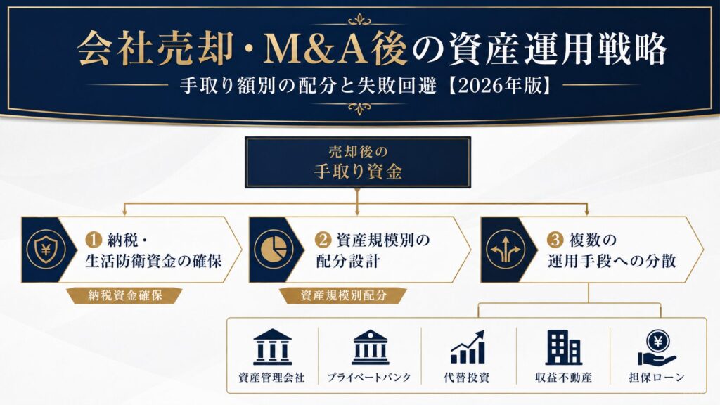 会社売却・M&A後の資産運用戦略の全体像を示す図解