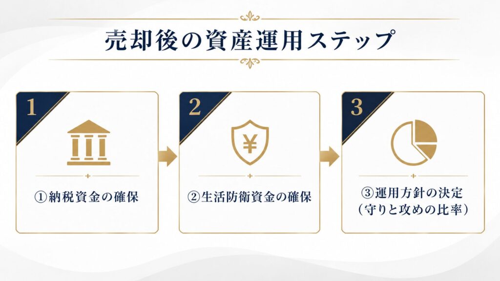 会社売却後に資金を確保する順番を示すステップ図
