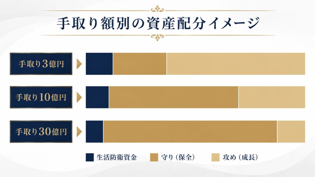 手取り額別の資産配分イメージを比較する図解