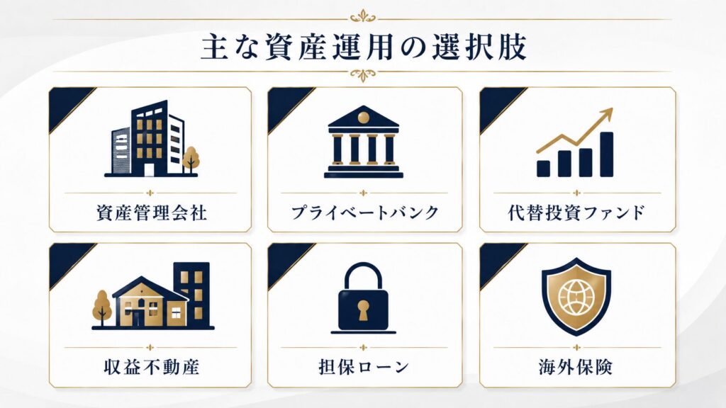 会社売却後の6つの主な運用手段を示すアイコン図解