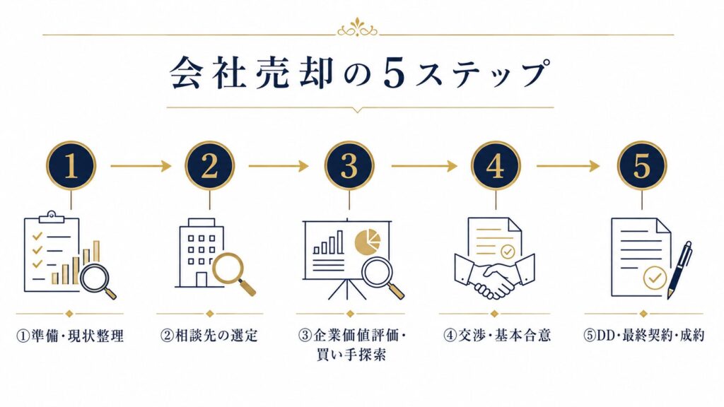 会社を売りたいときの進め方5ステップを示すフローチャート