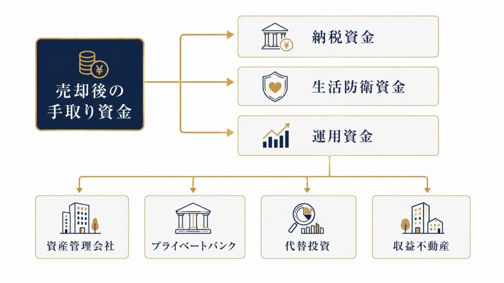 会社売却後の資金を納税・生活防衛・運用に振り分ける資金フロー図