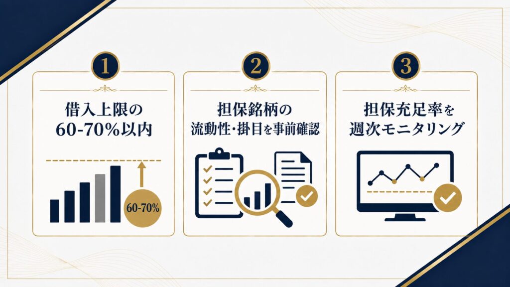 証券担保ローンを安全に使うための3原則を示す図解