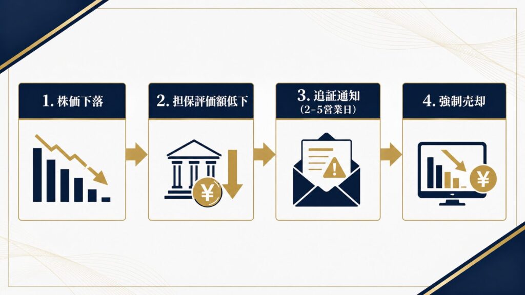 追証発生から強制売却に至るまでの流れを示すフローチャート