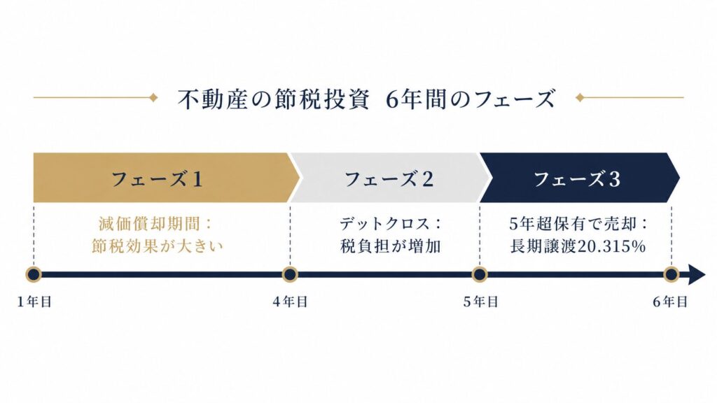 不動産投資の保有期間と節税効果・売却税率の関係を示す図