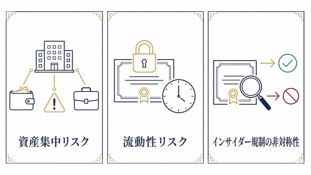 従業員持株会の3つのリスク（資産集中・流動性・インサイダー規制）を示すアイコン図解