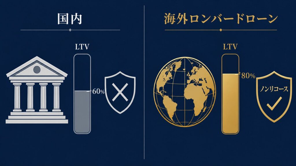国内と海外の証券担保ローンを比較するインフォグラフィック