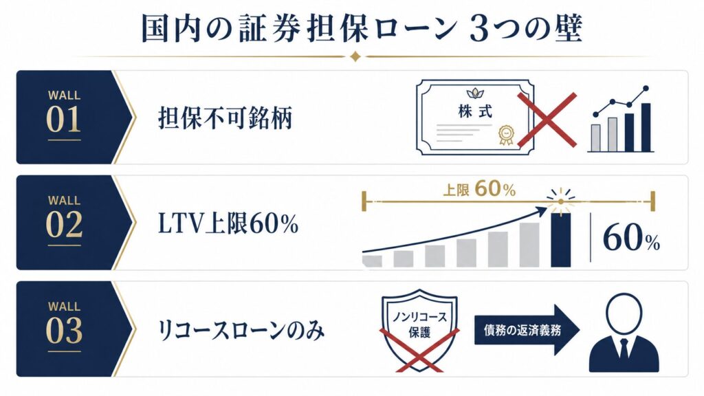 国内証券担保ローンの3つの限界を示す図解