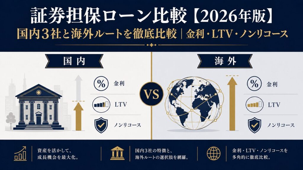 国内と海外の証券担保ローンを比較するアイキャッチ図解