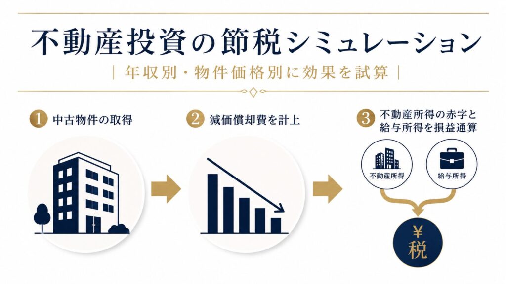 不動産投資の節税シミュレーションを示すインフォグラフィック