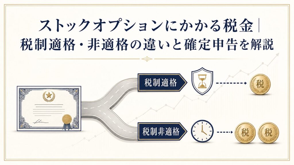 ストックオプションの税制適格・非適格による税金の違いを示すアイキャッチ図解
