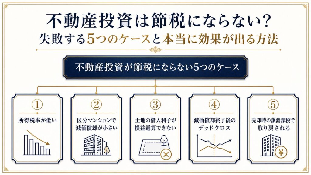 不動産投資が節税にならない5つのケースを示すインフォグラフィック