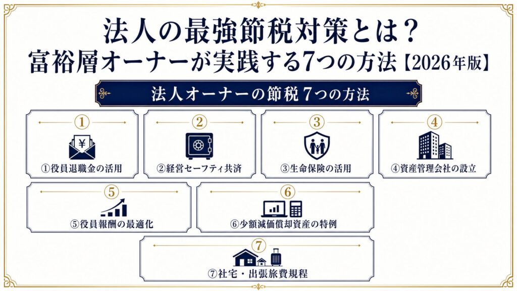 法人の最強節税対策7つの方法を示すインフォグラフィック