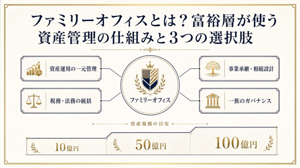 ファミリーオフィスとは何かを示す、一族の資産を一元管理する仕組みの全体図