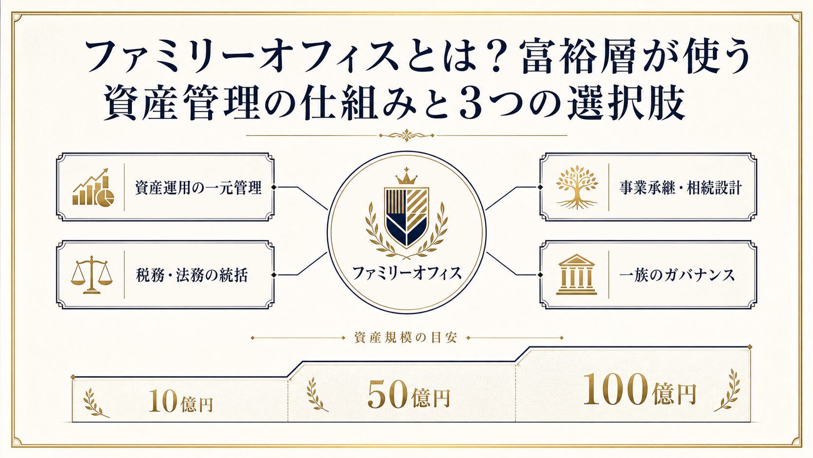 ファミリーオフィスとは何かを示す、一族の資産を一元管理する仕組みの全体図