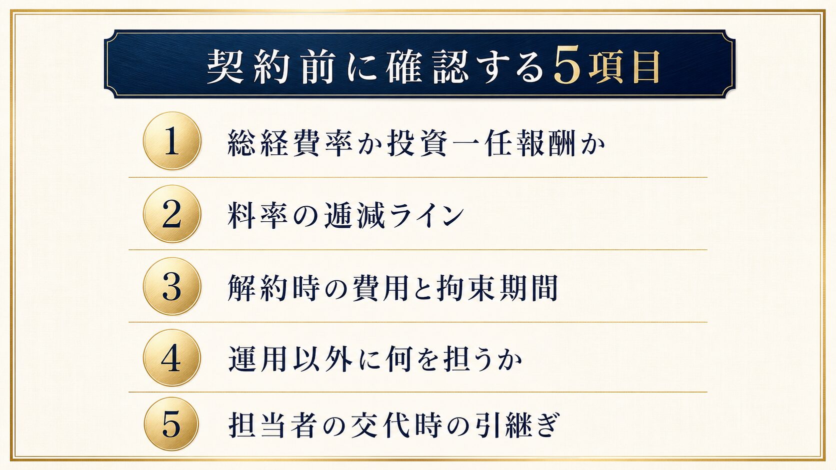 プライベートバンク契約前に確認すべき5項目を示したチェックリスト図解