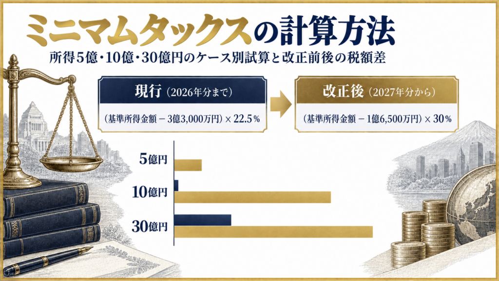 ミニマムタックスの計算方法と改正前後の税額差を示す図解
