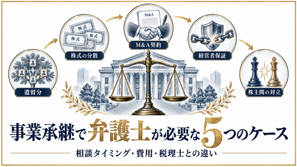 事業承継で弁護士が必要になる5つのケースを示す図解